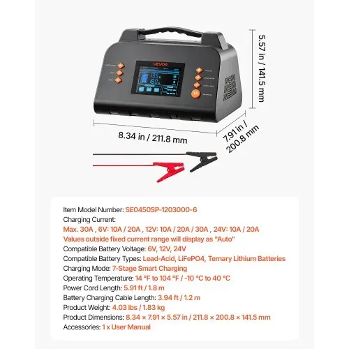 VEVOR Smart-Batterieladegerät 30 A 6/12/24 V für LiFePO4 Bleiakku Ladegerät für Pkw, Wohnmobile, Lkw und Boote, mit 7-Stufen-Laden, Pulsdesulfatierung, LCD-Anzeige & Überspannungs- und Verpolungsschutz – Bild 6