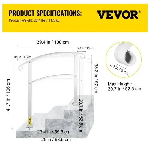 VEVOR 3-Stufen-Treppengeländer für Außentreppen, geeignet für 1 oder 3 Stufen, matt Weiß, Eisenhandlauf mit Einbausatz, Außenstufenhandläufe – Bild 6