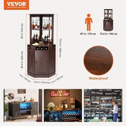 VEVOR Industrieller Eck-Barschrank, Weintisch für Spirituosen und Gläser, Sideboard-Buffetschrank mit Glashalter, Freistehender Kaffee-Barschrank aus Bauernholz für Wohnzimmer, Hausbar, Walnussholz – Bild 6