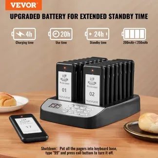 VEVOR Restaurant-Pager-System, Kabelloses Warteschlangensignal mit 500 m Reichweite, Piepser zur Rufannahme von Gästen mit Vibration und Blinken, 16 Pager für Imbisswagen, Kirche VEVOR Restaurant-Pager-System, Kabelloses Warteschlangensignal mit 500 m Reichweite, Piepser zur Rufannahme von Gästen mit Vibration und Blinken, 16 Pager für Imbisswagen, Kirche