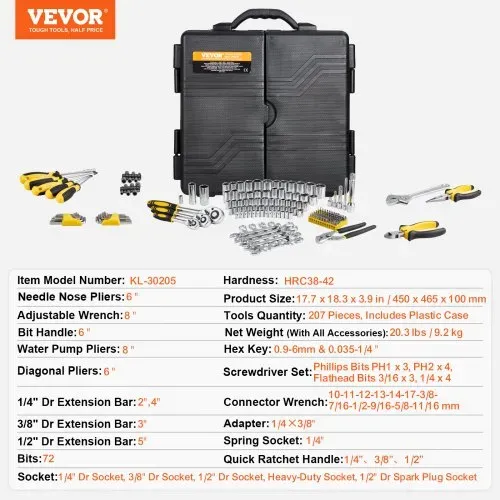 VEVOR Mechaniker Werkzeugsatz 207-teilig 1/4 Zoll 3/8 Zoll 1/2 Zoll Steckschlüsseleinsätze, SAE- und metrisches Mechaniker-Werkzeugset mit Bits Schraubenschlüsseln Ratschengriff Tragkoffer – Bild 6