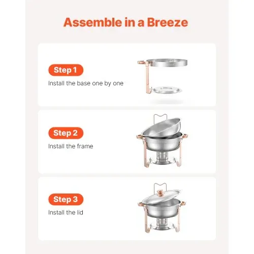 VEVOR Chafing Dish Buffet Speisenwärmer mit 4 Behältern in voller Größe (4,7 L pro), runder Catering-Wärmespender mit Deckel & Wasserpfanne & klappbarer Ständer, für Hochzeiten Partys Roségold – Bild 4
