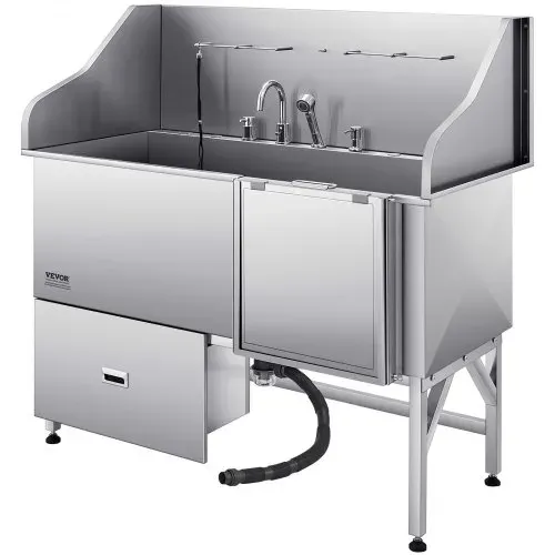 VEVOR 304 Edelstahl-Hundewaschstation, 154,9 cm große Pflegebadewanne mit rutschfester, flacher Rampe, Schublade, Warm- und Kaltwasserhahn, All-in-One-Badewanne für Pflegesalons, für alle Größen geeignet (rechte Tür) – Bild 10