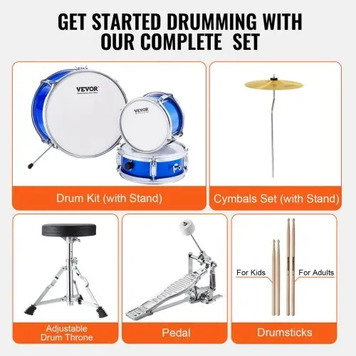 VEVOR Schlagzeugset, 3-teilig, Drum Set mit verstellbarem Thron-Becken-Pedal, zwei Paar Drumsticks, ca. 20 cm Tom Drum, 25 cm Snare Drum, 36 cm Bass Drum, Starter-Schlagzeugset für Kinder, blau – Bild 5