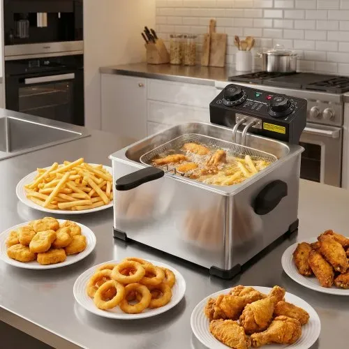 VEVOR Gewerbliche Elektrische Fritteuse 5,2 L Ölkapazität 2500 W Edelstahl, Tischgerät mit Frittierkörben (zwei Kleine + ein Großer), Überhitzungsschutz, Temperaturregelung und Timer, Silber – Bild 7