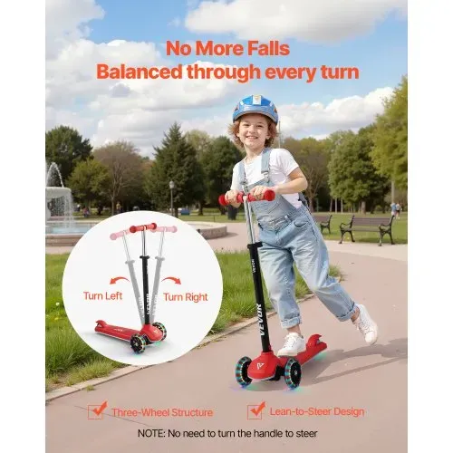 VEVOR Scooter (3 Räder) ab 3 Jahren, Cityroller Kinderroller mit leuchtenden Rädern & höhenverstellbarem Lenker & rutschfestem Deck & leichtem Aluminiumrahmen, Tretroller bis zu 75 kg, Rot – Bild 3