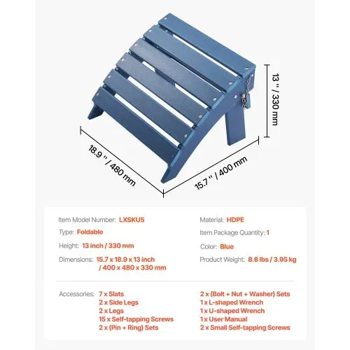 VEVOR Fußstütze für Adirondack-Stühle, 400x480x330 mm, klappbarer Adirondack-Ottomane aus HDPE-Kunststoff, Gartenstuhl weit verbreitet für Außenbereich, Veranda, Pool, Rasen, Hinterhof, blau – Bild 6