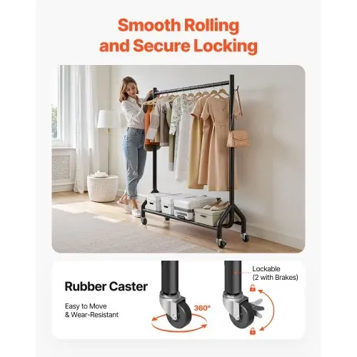 VEVOR Kleiderständer Garderobenständer rollbar mit Kleiderstange & seitlichen Haken, bis 90 kg belastbar, robuster Kleiderständer aus Karbonstahl ideal für Schlafzimmer Waschküche Wohnzimmer – Bild 5