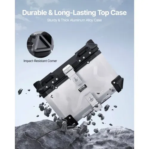 VEVOR Motorrad-Topcase Motorradkoffer 45 L Heckbox aus Aluminiumlegierung mit Lederfutter, abnehmbare Motorrad-Topbox mit Schloss & Rückenpolster, Helmkoffer (435 x 378 x 348 mm) Silber VEVOR Motorrad-Topcase Motorradkoffer 45 L Heckbox aus Aluminiumlegierung mit Lederfutter, abnehmbare Motorrad-Topbox mit Schloss & Rückenpolster, Helmkoffer (435 x 378 x 348 mm) Silber
