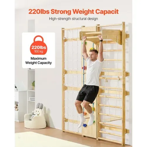 VEVOR schwedische Leiterwand 9 in 1 12-stufiges Kletterspielzeug aus Massivholz 100 kg belastbares Indoor-Klettergerüst mit Kletterwand Turnringen Klimmzugstange Rutsche Schaukel – Bild 4