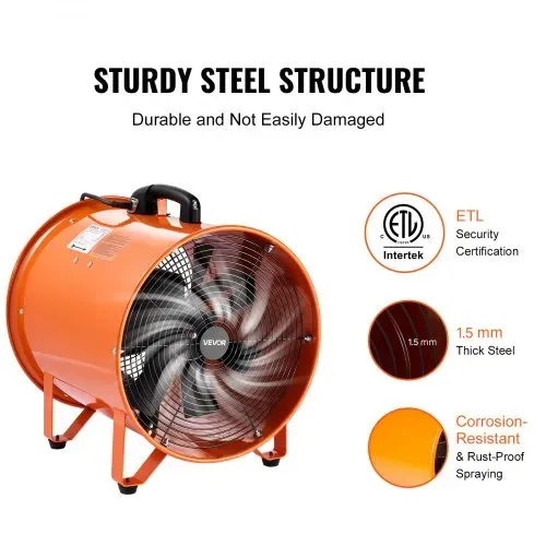 VEVOR Bauventilator 592-W-AC-Motor Baugebläse 2850 U/min Baulüfter Gebläse 5175 CFM (8792 m3/h) Axiallüfter 5 m Schlauch Axialgebläse 79 dB Geräuschpegel Industrielüfter IP44 – Bild 2