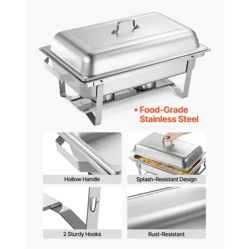 VEVOR rechteckiger Chafing Dish Set 8,5 L Speisenwärmer (4 Stk.) Buffet Warmhaltebehälter mit Griff & 2 Lebensmittelzangen & Deckel & Brennstoffhalter, geeignet für Bankett Party Hochzeit Silber – Bild 3