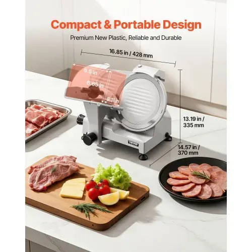 VEVOR Gewerbliche Fleischschneidemaschine 300 W, Elektrische Aufschnittmaschine mit Abnehmbarer 25 cm Kohlenstoffstahl-Klinge, 0–12 mm Schnittdicke, für Gefrorenes Fleisch, Schinken, Baguette, Steak – Bild 6