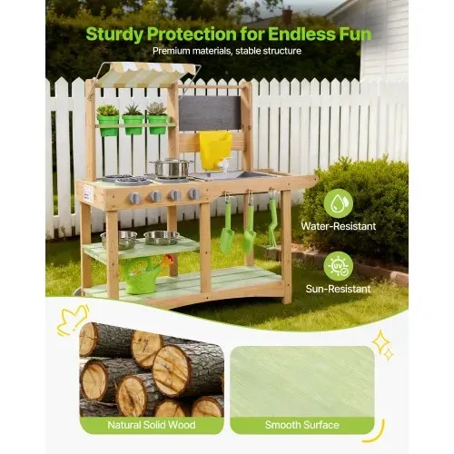 VEVOR Spielküche, Kinderküche, Spielzeugküche mit Löffeln, Spüle, Sonnenschutz, Schwenkrädern, Kochgeschirr & Zubehör, Holzküche, Ideal für Kinder ab 3 Jahren, 880x326x900 mm – Bild 2