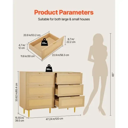 VEVOR Rattankommode Aufbewahrungsschrank mit 6 Schubladen & Metallgriffen und -beinen, moderner Rattanschrank für Schlafzimmer Wohnzimmer Flur (120 x 39,5 x 85,4 cm) Kleidungsschrank – Bild 2