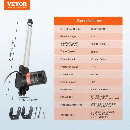 VEVOR 6000N Linear Actuator DC 12V Linearantrieb IP44 Elektrischer Linearmotor 300mm Hublänge Geräuschpegel ≤ 50dB Elektrische Türöffner 5mm/s Fahrgeschwindigkeit Lineartechnik Verstellantrieb – Bild 6