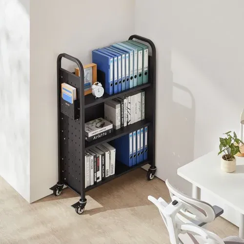 VEVOR Bücherwagen, 150 kg Tragkraft, Bibliothekswagen, 77 x 38 x 122 cm, einseitiges L-förmiges Bücherregal mit Doppelbremsrollen, Bücherregalwagen für Wohnzimmer, Büro, Schule, Schwarz – Bild 7