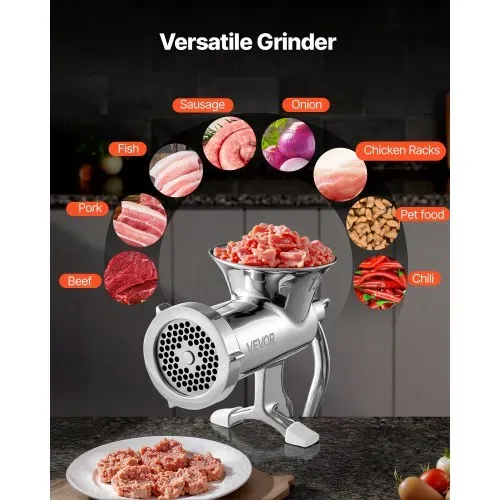 VEVOR manuelle Fleischwolf Hand Wurstfüller 304 Edelstahl, 4,5 & 8 mm Schneidplatten Handfleischwolf Fleischmaschine mit Wurstrohr, geeignet für Fleisch Schleifen Wurstfüllung Silber – Bild 5