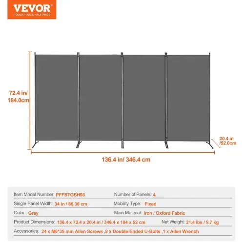 VEVOR Raumteiler 4 Paneele Paravent 3464 x 1840 x 520 mm, faltbarer Sichtschutz & tragbarer Trennwandteiler zur Raumtrennung, freistehende Raumteiler für Büro Schlafzimmer Arbeitszimmer, Grau – Bild 6
