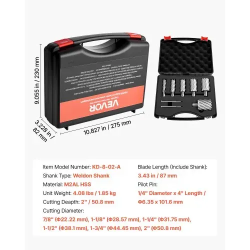 VEVOR HSS-Kernbohrer Weldon-Schaft 8-tlg. Magnetbohrer 22,22-50,8 mm Schnittdurchmesser, 6 Bohrer mit 2 Zentrierstiften, 50,8 mm Schnitttiefe, Kunststoffkoffer, für Magnetbohrmaschinen, Aluminium – Bild 6