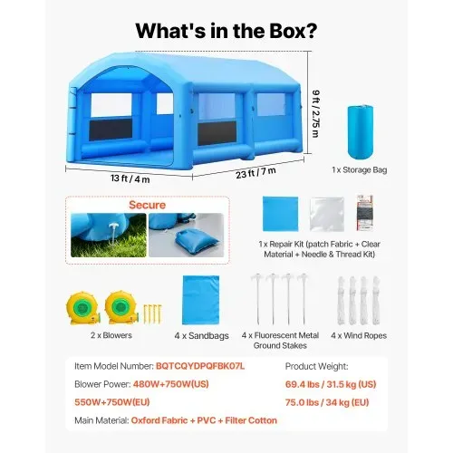 VEVOR Aufblasbare Lackierkabine 7x4x2,75m Spritzkabine Autolackierzelt Blau, mit 550-W-& 750-W-Gebläsen Aktivkohlefiltration Transparentem PVC-Fenster für Mittelgroße Pick-ups Große Möbel Tragbar – Bild 6