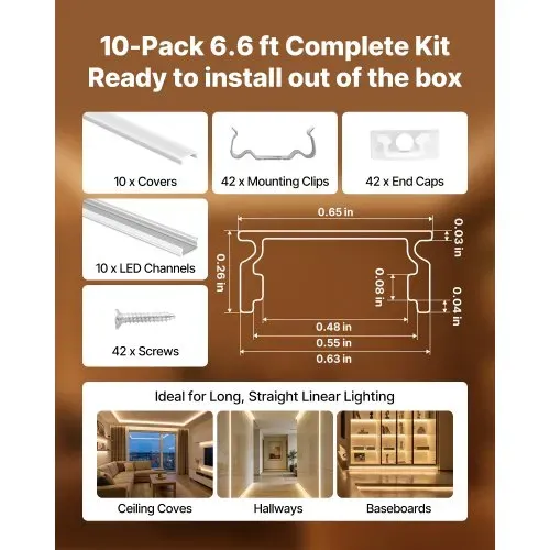 VEVOR LED Profil 10er-Pack 2 m, Eloxierte Aluminiumprofile mit Milchiger Abdeckung, Endkappen & Befestigungsclips, Kanäle, Diffusor für LED-Streifen, Ideal für Unterbau-Arbeitsplatten, U Form – Bild 3
