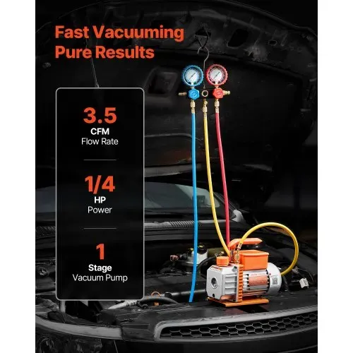 VEVOR Vakuumpumpe mit Manometer, 3,5 CFM 99 L/min, 180 W 1-stufige Drehschieber-Unterdruckpumpe, Vacuum Pump Kit für R134a, R22, R410a, R1234YF & R32, mit Tragetasche für Kfz-Klimaanlagen VEVOR Vakuumpumpe mit Manometer, 3,5 CFM 99 L/min, 180 W 1-stufige Drehschieber-Unterdruckpumpe, Vacuum Pump Kit für R134a, R22, R410a, R1234YF & R32, mit Tragetasche für Kfz-Klimaanlagen