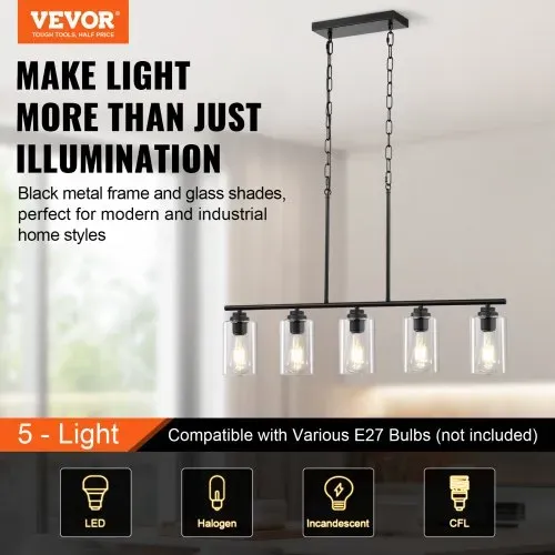 VEVOR 5-flammige Pendelleuchte für Kücheninseln, 60 W, verstellbare Esszimmerleuchte mit klarem Glaslampenschirm, 4 Stangen, 2 Metallketten, linearer Kronleuchter im Landhausstil VEVOR 5-flammige Pendelleuchte für Kücheninseln, 60 W, verstellbare Esszimmerleuchte mit klarem Glaslampenschirm, 4 Stangen, 2 Metallketten, linearer Kronleuchter im Landhausstil