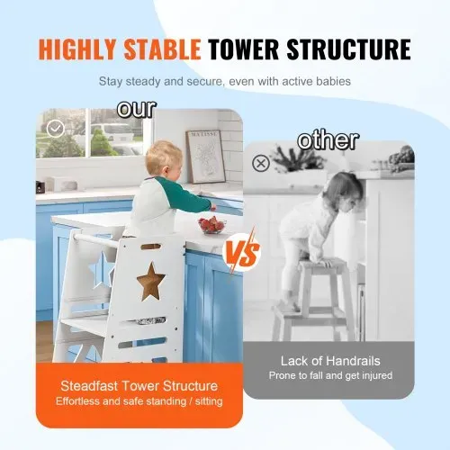 VEVOR Tritthocker Kinder 158,9 kg Gewichtskapazität Trittschemel 844 x 553 x 482 mm Hocker Kiefernholz Bambus höhenverstellbar von 328 bis 520 mm Lernturm Kinderschemel Trittschemel Kinderhocker Weiß – Bild 3