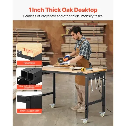 VEVOR Werkbank 1220x610x711-1003mm, 907 Tragkraft, Werkbank mit Steckdose, Rädern und Stecktafel, robuster Arbeitstisch mit Eichenholzplatte für Garage, Werkstatt, Büro und Zuhause – Bild 3