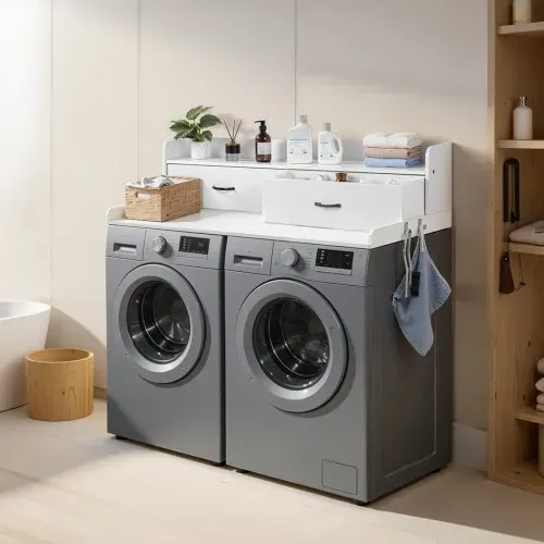 VEVOR Arbeitsplatte für Waschmaschine & Trockner (137 x 69,9 cm) mit Ablage & 2 Schubladen & Haken, für Wäscheschrank Speisekammer Küchentheke, 113 kg Belastbar, Weiß, Ablagefläche für Waschmittel – Bild 7