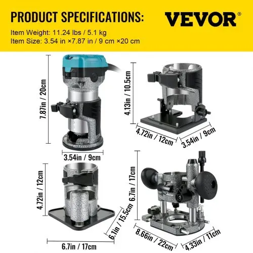 VEVOR Einhand Holz Oberfräse Kantenfräse 33000 U / min, Feste Basis, Neigungsbasis, Tauchbasis, Offset Basis, 3 Spannzangen 6,35 / 6 / 8 mm, Fräser 6 / 8 mm Inkl., Kurvenführung, Aluminiumlegierung – Bild 6