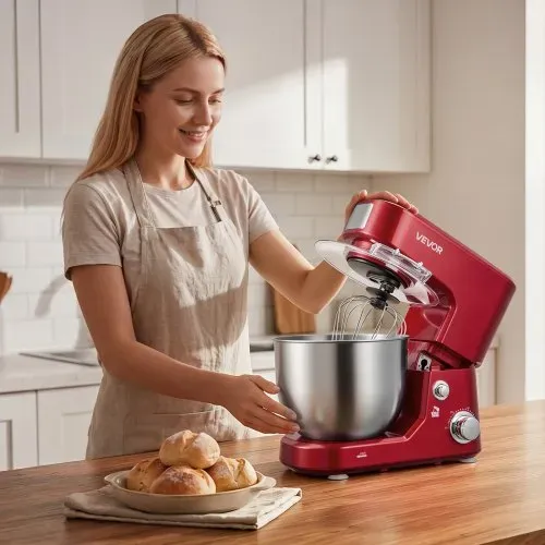 VEVOR Elektrische Knetmaschine 5 + 4 L 1000 W Teigknetmaschine Teigmaschine für Teig Keksteig und Sahne, mit 2 Stapelbaren SUS304-Schüsseln, Kippkopf, Spritzschutz, Rutschfesten Füßen und Zubehörset – Bild 7