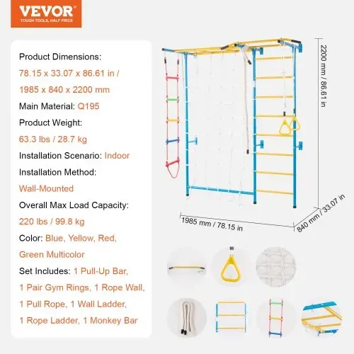 VEVOR Sprossenwand Turnwand Klettergerüst für Kleinkinder, 7-in-1-Kletterspielset mit schwedischer Leiter aus Karbonstahl, Klimmzugstange & Strickleiter & Turnringen 100 kg belastbar mehrfarbig – Bild 6