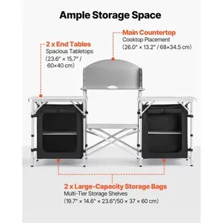 VEVOR Klappbare Campingküche, Campingschrank mit 2 MDF-Beistelltischen, Abnehmbarem Windschutz für den Kocher, 2 Stauräumen & X-förmigen Beinen, Camping-Küchenstation für Picknick, Grillen & Reisen VEVOR Klappbare Campingküche, Campingschrank mit 2 MDF-Beistelltischen, Abnehmbarem Windschutz für den Kocher, 2 Stauräumen & X-förmigen Beinen, Camping-Küchenstation für Picknick, Grillen & Reisen