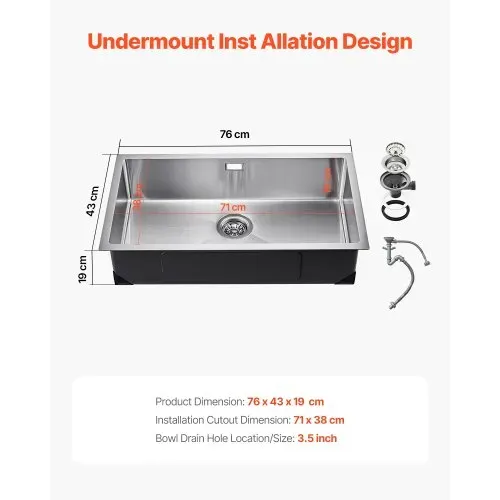 VEVOR Küchenspüle Einbauspüle Spülbecken 76 x 43 x 19 cm aus Edelstahl Spülen Unterbauspülen, Einzelbecken mit Zubehör, Haushaltsspülbecken für Wohnmobil Vorbereitungsküche Bar – Bild 6