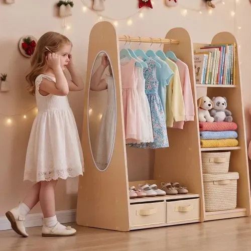 VEVOR Kinderkleiderschrank 98,5x40x106 cm, Kindergarderobe mit Spiegel Kleiderstange Ablagen, Verkleidungsschrank mit 2 Stoffschubladen für Mädchen, Kinderschrank für Kostüme Schlafzimmer, Naturholz – Bild 7