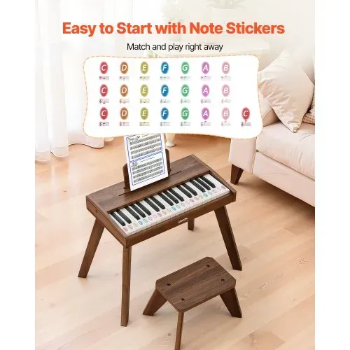 VEVOR Kinder Keyboard, 37 Tasten, Digitalpiano aus Holz für Kinder ab 3 Jahren, Mini-Musikinstrument-Spielzeugset mit Hocker, Realistischem Klang, Dual-Power, Einstellbarer Lautstärke, Walnuss – Bild 5
