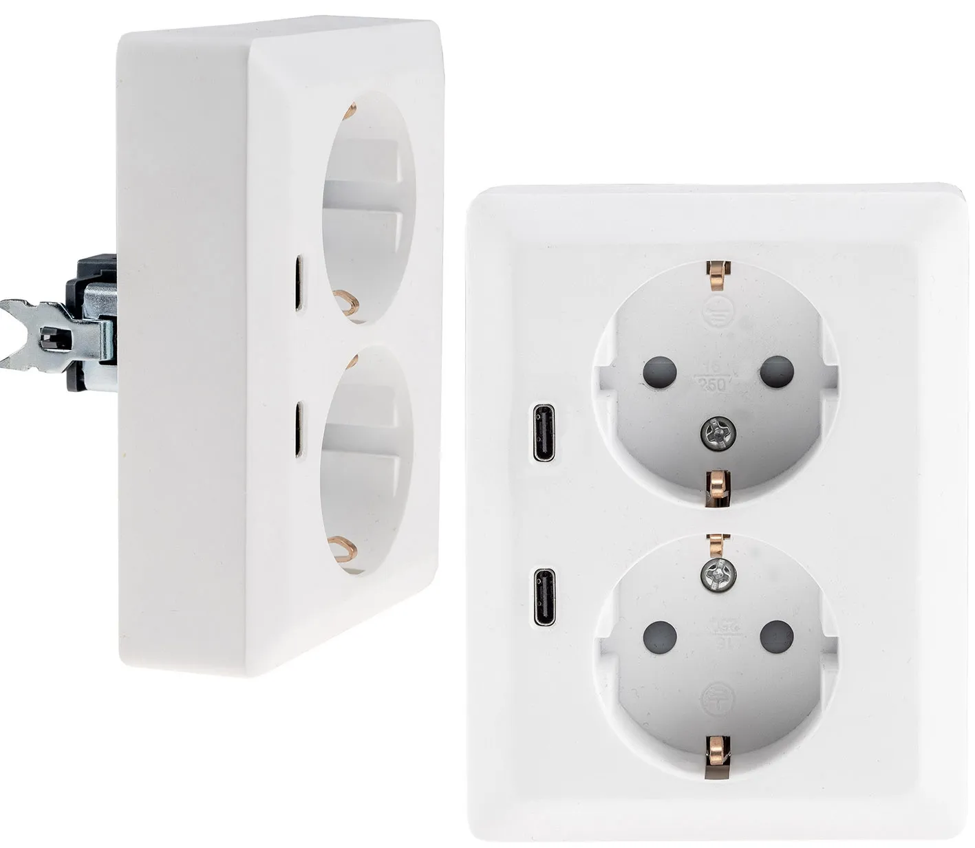 MILOS Schutzkontakt-Steckdose 2-fach 250V~/16A, 1x UP, 2x USB C/PD, weiß matt MILOS Schutzkontakt-Steckdose 2-fach 250V~/16A, 1x UP, 2x USB C/PD, weiß matt