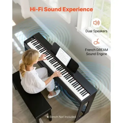 VEVOR Digitalpiano, 88 Tasten vollgewichtet anschlagdynamisch, E-Piano mit Möbelständer, Netzadapter, Dreifachpedal, Aufnahmefunktion, 280 Töne, Kabellose Verbindung, für Anfänger, Schwarz – Bild 2