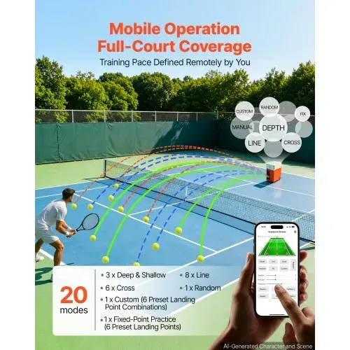 VEVOR Tennisballmaschine Max. 121 km/h Tischballwerfer 110 Ballkapazität, Ballwurfmaschine mit Spin-Steuerung, App-Steuerung, 20 Trainingsmodi, 4 Stunden Akkulaufzeit, Rollen und Metallgehäuse – Bild 3