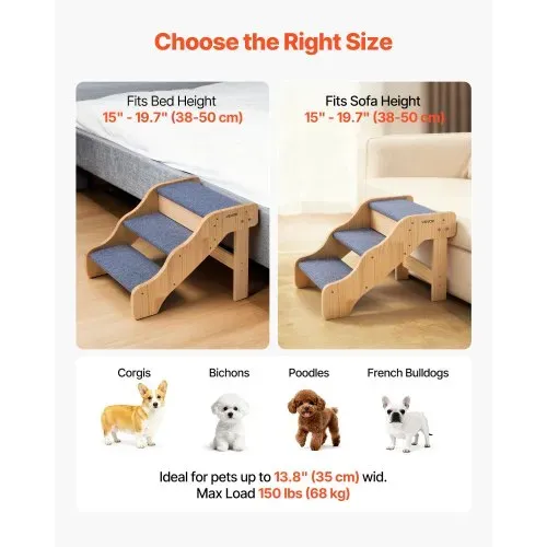 VEVOR Hundetreppe 580x430x380 mm, 3-stufige Hautiertreppe, Holztreppe geeignet für kleine, mittlere, große, ältere Haustiere sowie Welpen bis 68 kg, Hundeleiter für Betten, Sofas & Autos – Bild 4