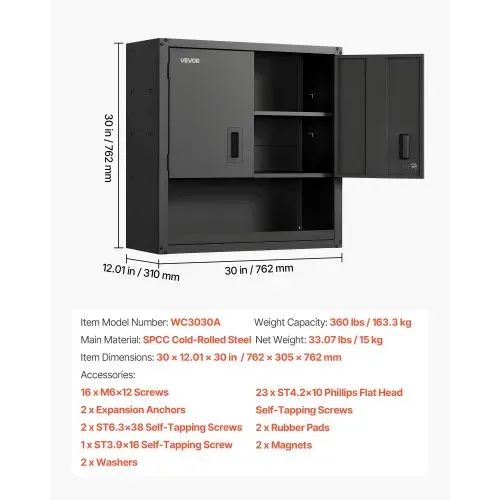 VEVOR Hängeschrank Werkstatt, 762 x 305 x 762 mm, Werkzeugschrank aus Stahl mit abschließbaren Türen & verstellbarem Regal, Wandhängeschrank für Garage, Keller, Küche, Lager, schwarz – Bild 6