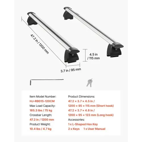 VEVOR 2 x Dachgepäckträger Querträger 75 kg Tragkraft, Abschließbare Dachträger für PKW SUV, Passend für Erhöhte & Bündige Dachreling, 180-1035 mm Relingabstand, für Dachbox Kanu Fahrrad Transportkorb – Bild 6