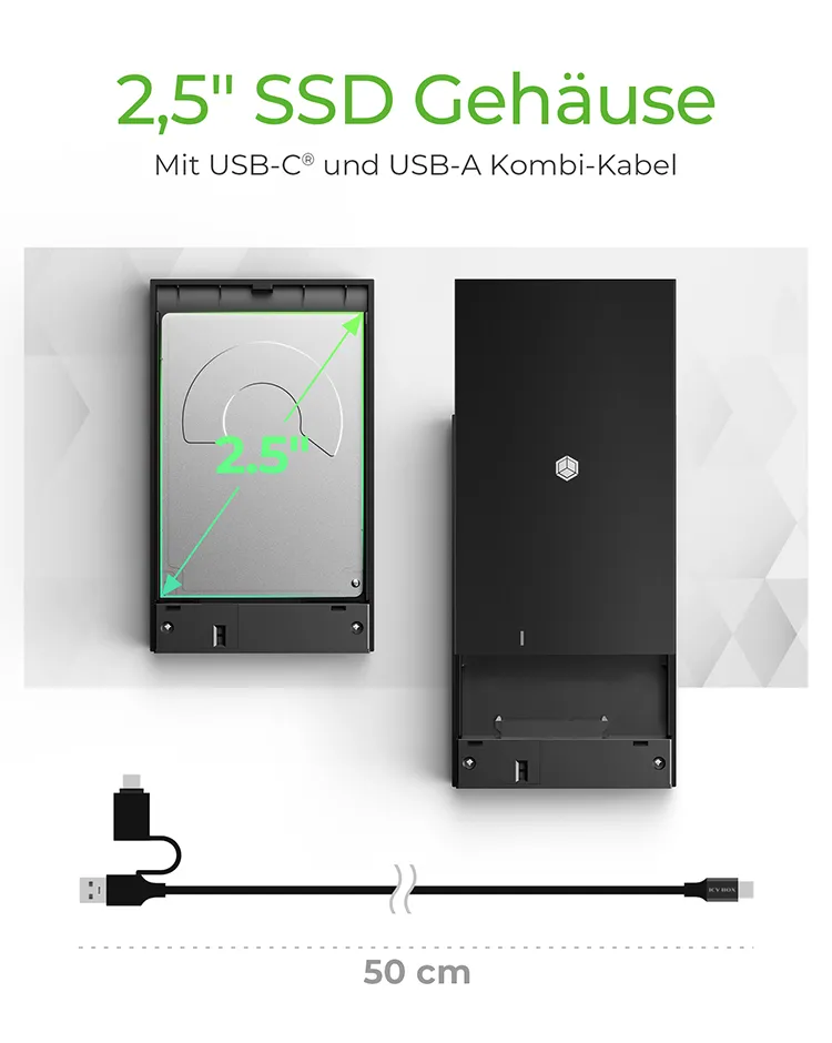 ICY BOX IB-200T-C3, ext. 2.5" SATA Gehäuse, USB 3.2 Gen 1 bis zu 5 Gbit/s, Werkzeuglos, Kunststoff, schwarz – Bild 2
