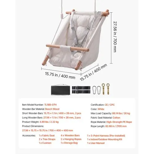 VEVOR 3-in-1 Babyschaukel Kinderschaukel 30kg Hängeschaukel aus Canvas Weiß, für Indoor & Outdoor, 5-Punkt-Sicherheitsgurt, Hängesitz mit Integriertem Kissen für Kinder bis 3 Jahre, CE/CPC-Zertifiziert – Bild 6