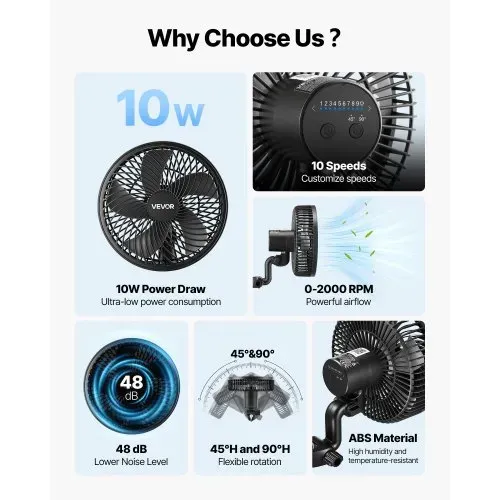 VEVOR Grow Ventilator mit Clip Oszillierend, 10 W-Clip-Ventilator mit USB-Anschluss, 9 Geschwindigkeitsstufen & Zirkulationsmodus, Umluftventilator für Umluft & Kühlung in Growbox, Growzelt, Schwarz – Bild 5