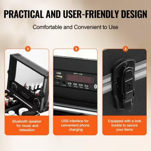 VEVOR Professioneller Make-up-Koffer aus Aluminium, Kosmetikkoffer, Werkbank mit Stützbeinen, Roll-Make-up-Koffer, extragroßer Trolley, Make-up-Reise-Organizer, mit 360° drehbaren Rädern, schwarz – Bild 4