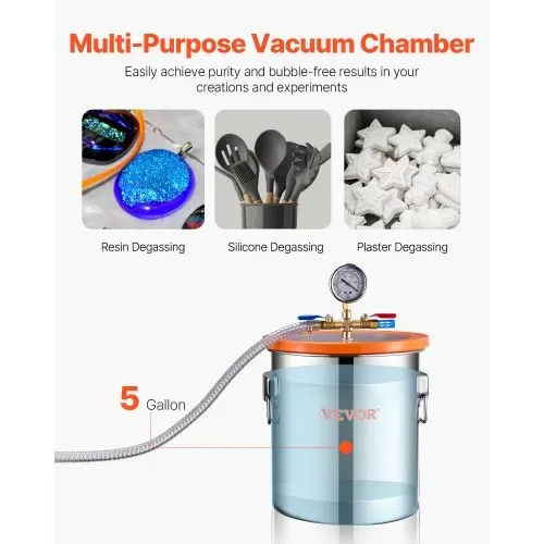 VEVOR 18,93 L Vakuumkammer & 3,5 CFM Pumpe, Edelstahlkammer, einstufiges Vakuumpumpen-Entgasungskammerset, mit Acryldeckel, Öl, 1,5 m Schlauch, Vacuum Pump Kit zum Entgasen von Harz-Silikon-Epoxiden – Bild 4