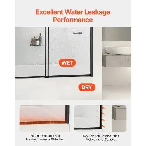 VEVOR Badewannen Duschtür (1422-1524 x 1524 mm / B x H) halbrahmenlose Schiebetür für die Badewanne, halbrahmenlose Bypass-Wannentür mit 1/4 Zoll bruchsicherem gehärtetem Glas und Edelstahlgriff – Bild 4